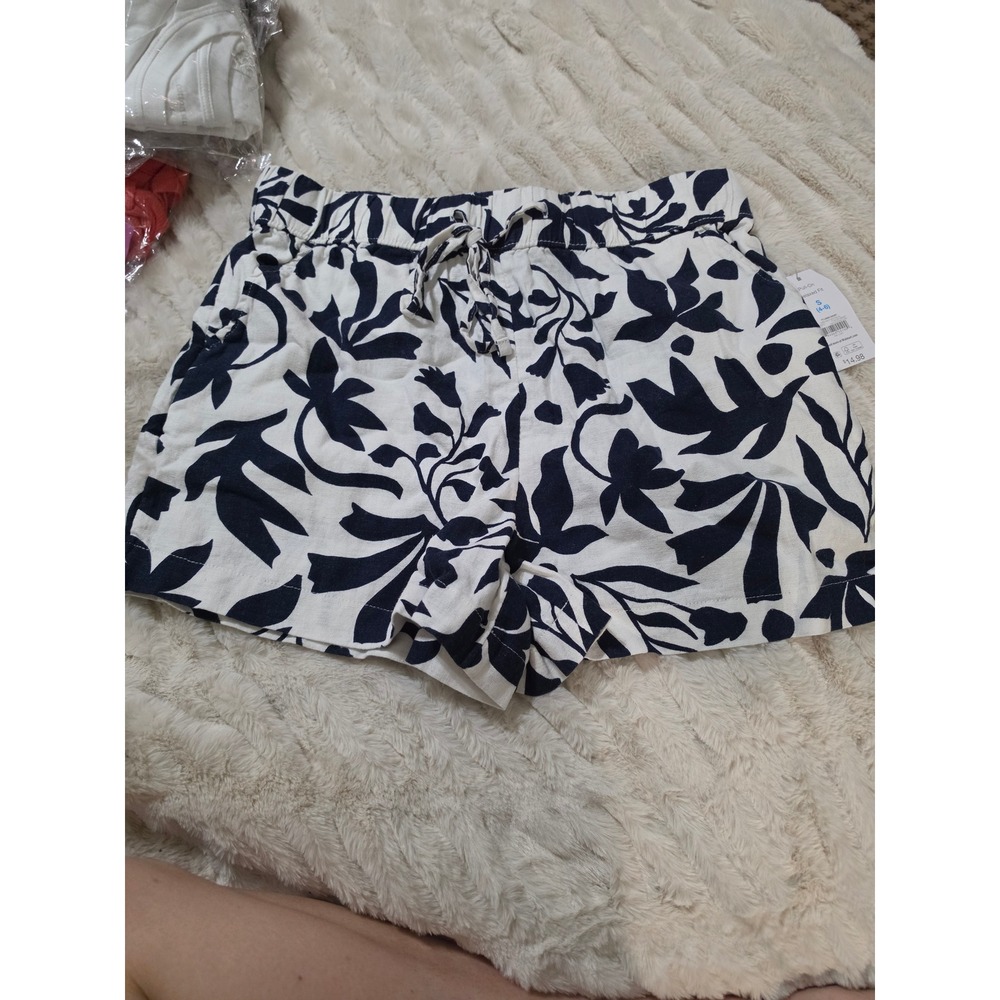 Time and Tru Women Relaxed Fit Linen Shorts Dark Navy Botanical Floral Small 4-6